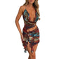 Fashion Women Summer Mini Beach Dress Sleeveless Backless Halter Neck Printed Dress for Beach Holiday Party Clubwear