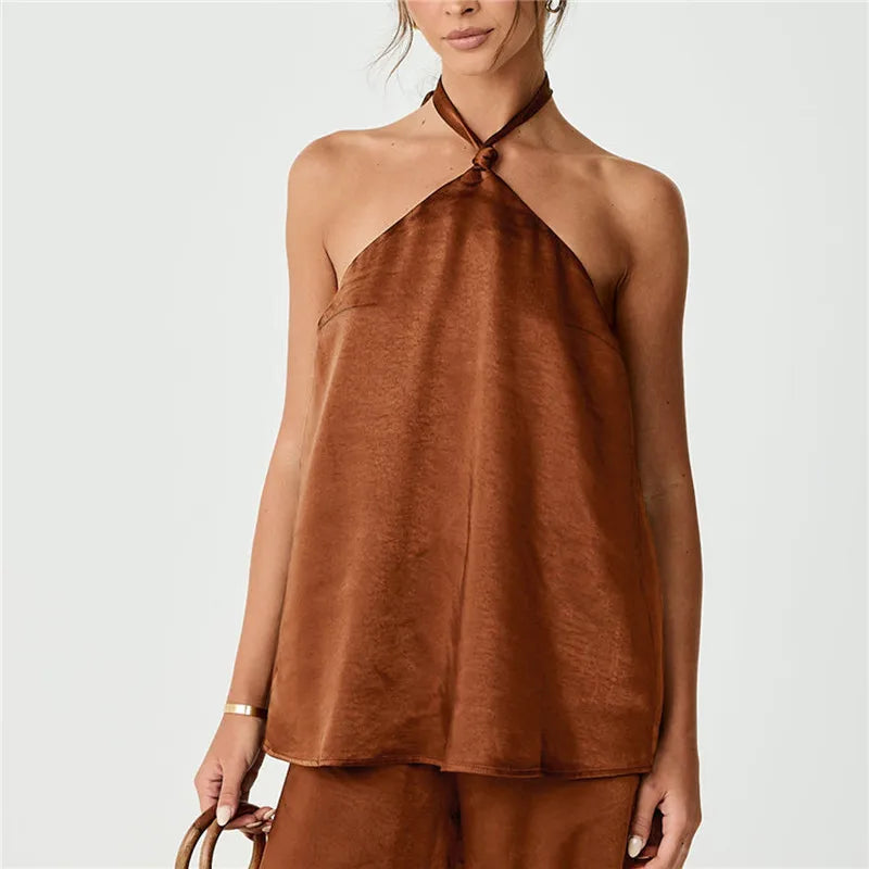 Halter Neck Satin Top for Women with Knot Front and Open Back Design Sleeveless Solid Color Elegant Party Summer Blouse