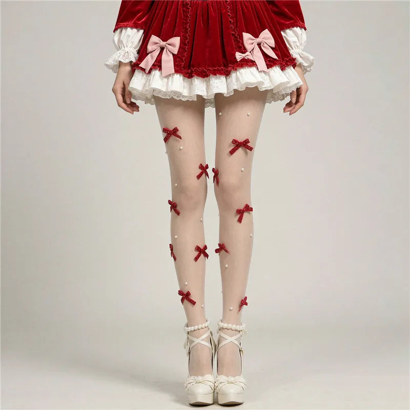 Sweet Lolita 3D Bow Pearl Sheer Pantyhose Women Transparent Mesh Tights Cute Bowknot Decor Hosiery Cosplay Stockings