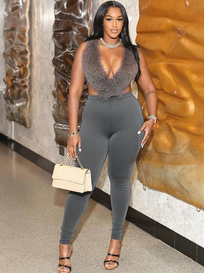 Sexy 2 Piece Set Women Tracksuit Hipster Backless Halter Furry Tank Tops+Leggings Matching Streetwear Fashion Outfits