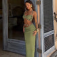 2 Piece Set Beaded Halter Top and Long Skirt Green Sexy Vacation Outfits Women Matching Sets Summer 2026