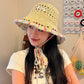 Women's Crochet Straw Bucket Hat, Beaded Tassel Sun Hat with Adjustable Chin Strap for Beach