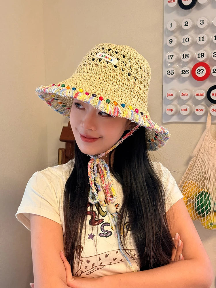 Women's Crochet Straw Bucket Hat, Beaded Tassel Sun Hat with Adjustable Chin Strap for Beach