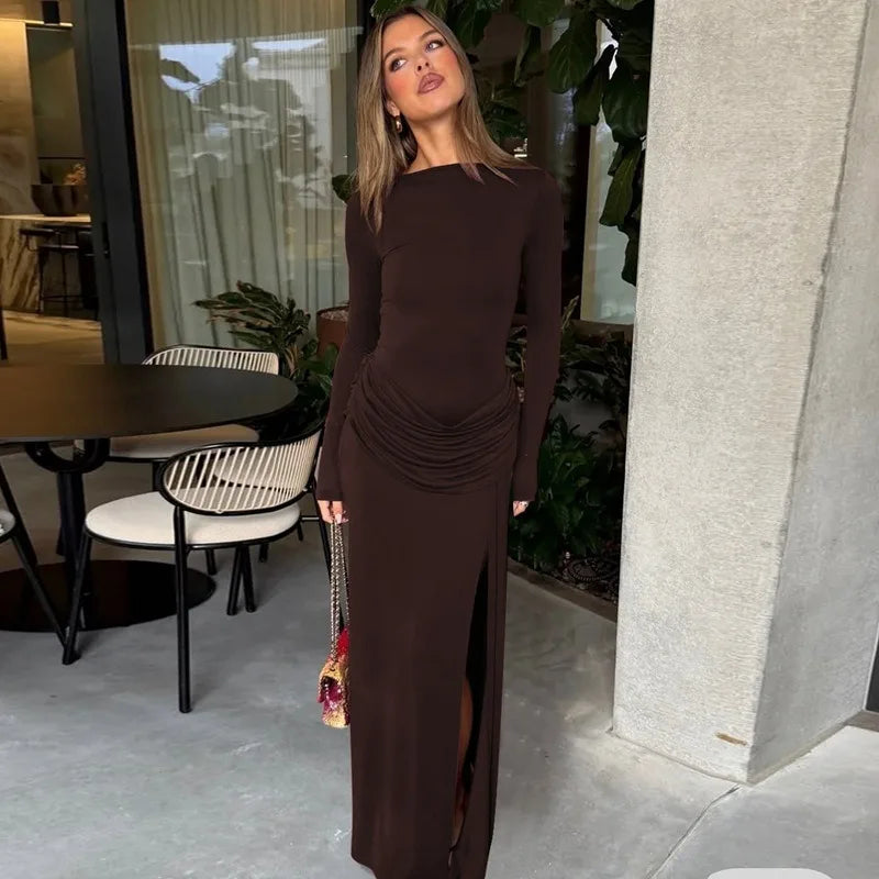 Long Sleeve Maxi Dress with Draped Waist and High Side Slit Elegant Brown Dresses for Woman Fall Winter 2026