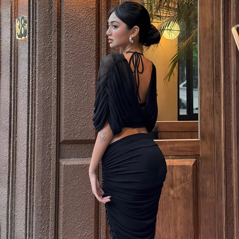 White Mesh Two Piece Set Draped V-neck Batwing Top and Ruched Midi Skirt Sexy Party Outfits for Woman