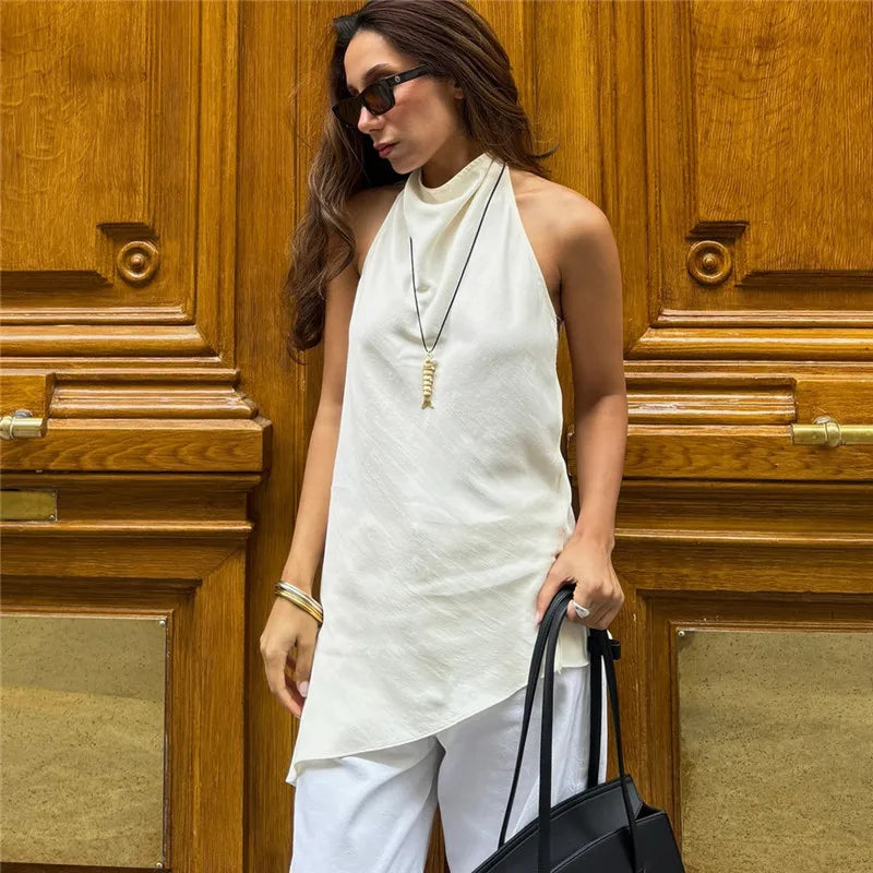 Women Backless Halter Crop Top Solid Color Satin Slip Tank Top Casual Office Ladies Off Shoulder Evening Party Vests