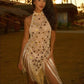 Women's Crochet Swimsuit Cover Up Sequin Embellished Sleeveless Halter Knit Mini Dress Cut Out Beach Tassel Hem Dress