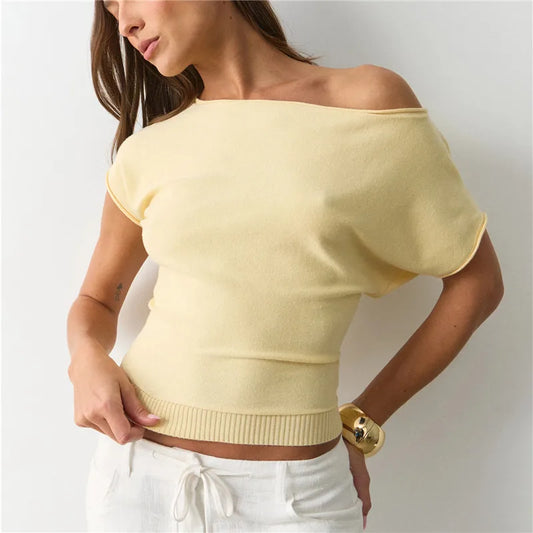 Y2K Women Asymmetric Diagonal Off Shoulder Knit Top Striped Solid Short Sleeve Slim Cropped Casual Crop Blouse