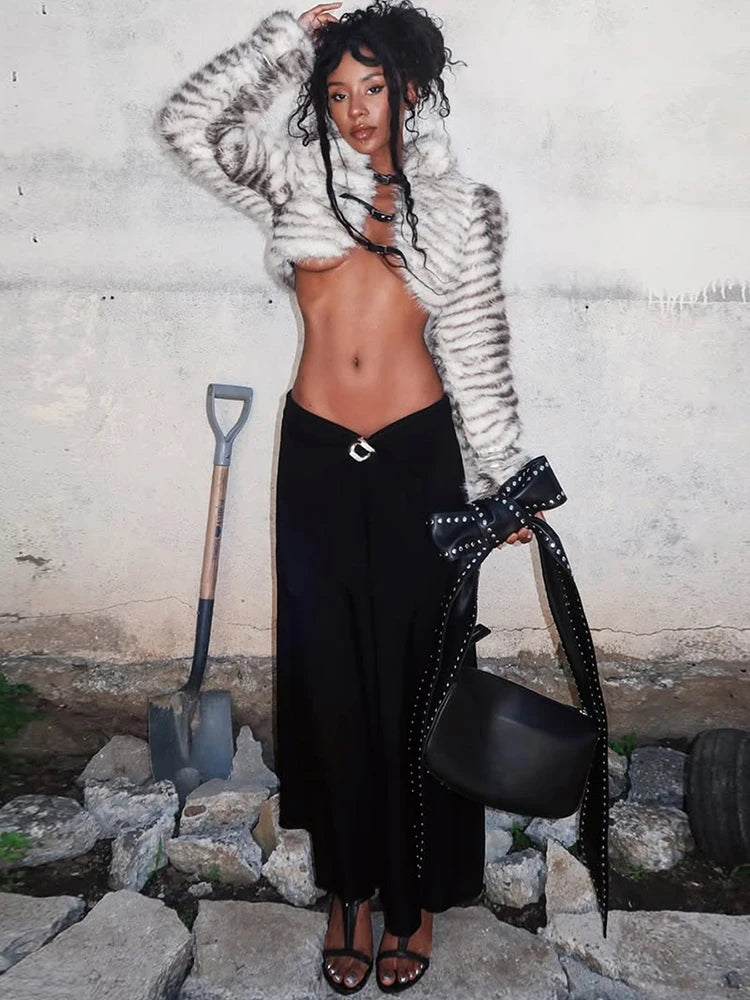 Sexy Fur Crop Jacket Woman Luxury Belt Metal Buckle Gradient Furs Warm Full Sleeve Street Hipster Wild Cardigan Coat