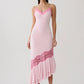 Women Spaghetti Strap V‑Neck Sexy Midi Dress Contrast White Lace Patchwork Ruffle Hem Bodycon Party Evening Dresses