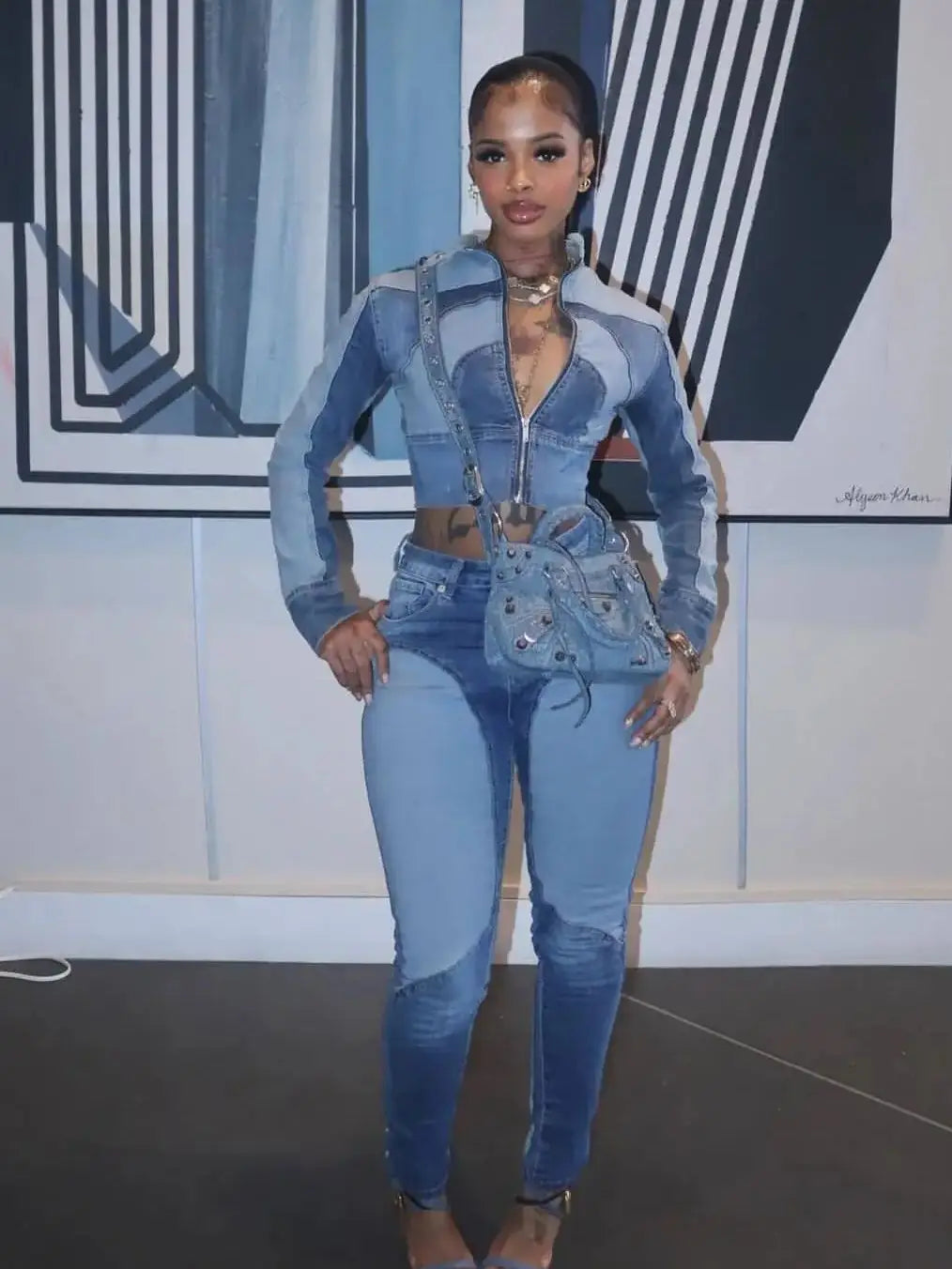 Casuals Denim 2 Piece Set Women Tracksuit Button Patchwork Full Sleeve Zip Crop Coat+Skinny Pants Autumn Trend Streetwear