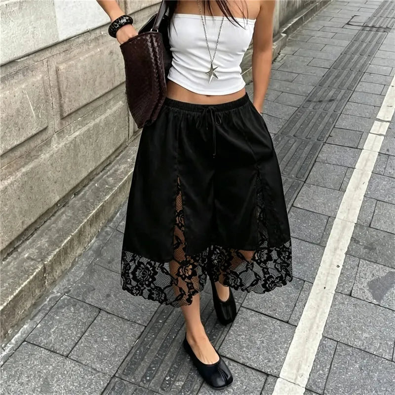 Womens Y2K Satin Lace Patchwork Capri Shorts Drawstring Waist Side Slit Floral Lace Hem Loose Mid Calf Casual Bottoms