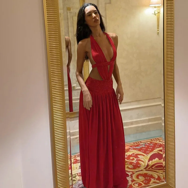 Lace-up Halter Neck Backless Maxi Dresses for Woman Sexy Red Evening Dress Birthday Gown Summer 2026