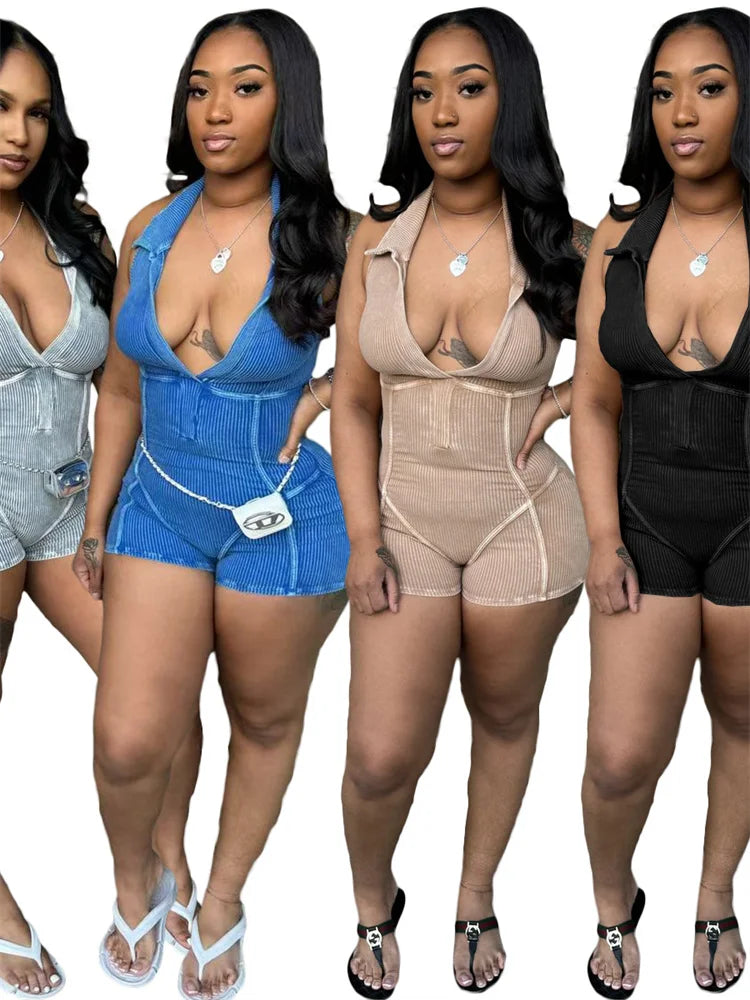 Ribbed Distressed Playsuits Women Halter Tight Backless Sleeveless Summer Trend Sexy Street Stretch Skinny Fit Romper