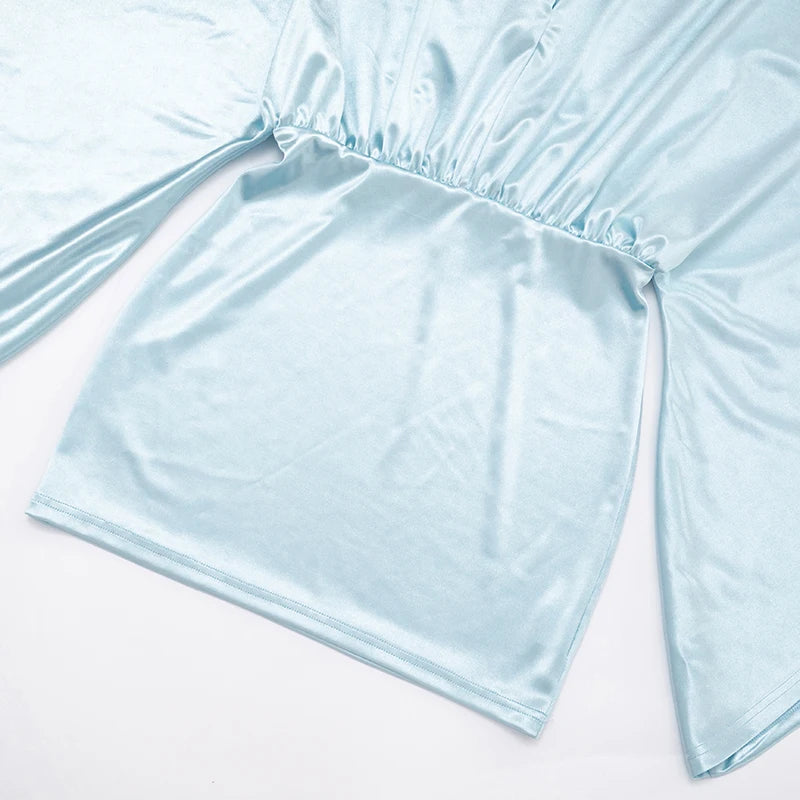 Sexy Classic Satin Dress Women Y2K Elegant Peach Hip v-Neck Bat Sleeves Birthday Party Clubwear Skinny Mini Bodycon