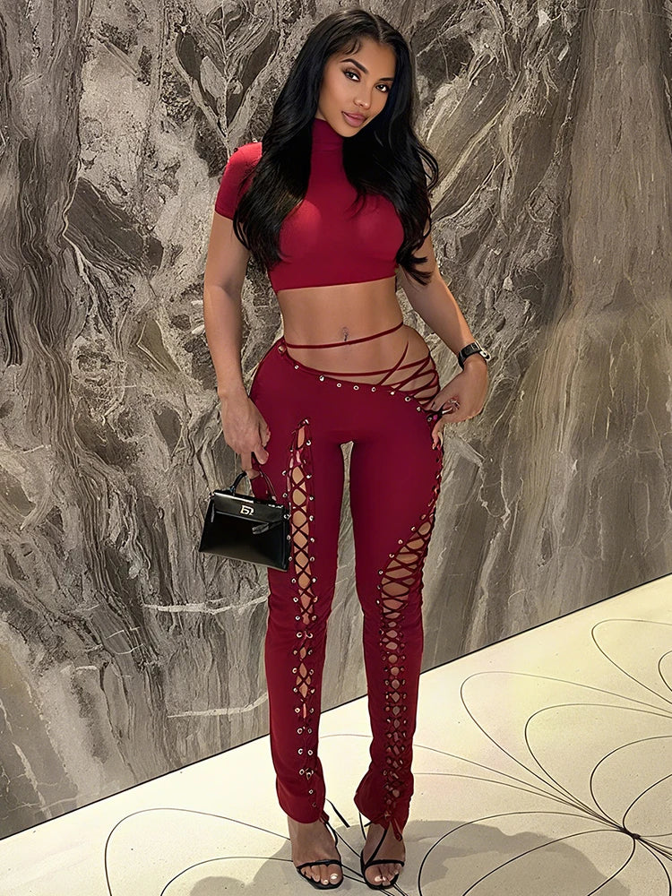 Sexy 2piece Set Women Hipster Halter Camisole+Shirring Hollow Pants Midnight Matching Stretch Clubwear Skinny Outfits