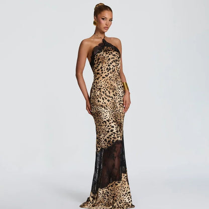 Leopard Print Satin Lace Patchwork Evening Dresses 2026 Sexy Elegant Halter Backless Maxi Dress
