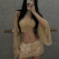 Sexy See Through 2 Piece Set Women Y2K Bat Long Sleeve Crop Top+Sequins Applique Skirt Skinny Street Party Clubwear