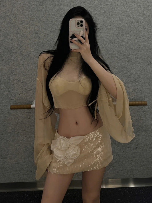 Sexy See Through 2 Piece Set Women Y2K Bat Long Sleeve Crop Top+Sequins Applique Skirt Skinny Street Party Clubwear