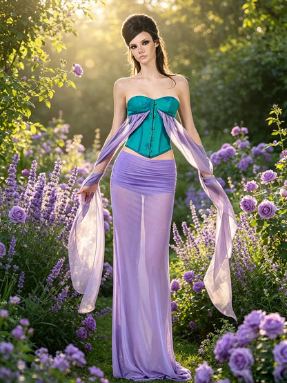 Sweet 2-Piece Set Women Patchwork Tassel Single-Breasted Line Decoration Tank Top+Folds See Through Skirt Chic Suit