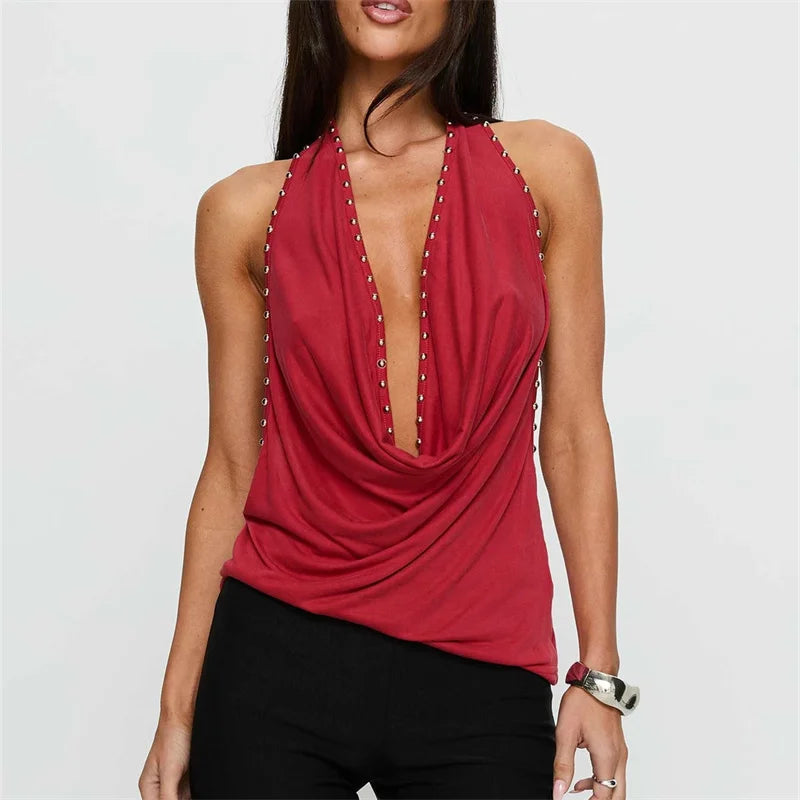 Sexy Women's Studded Trim Decor Lace-up Halter Tank Tops Summer Fashionable Slim Fit Draped Cowl Neck Y2k Backless Vest