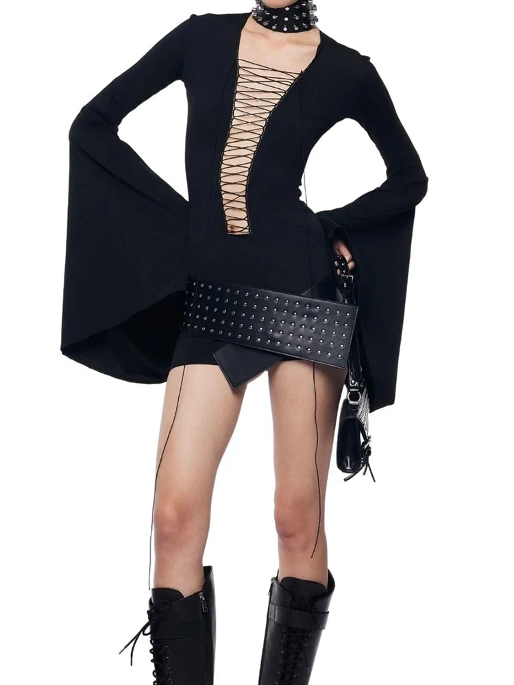 Coquette Shirring Dress Women Sexy Bell Sleeve Deep V-Neck Stretch Skinny Midnight Party Clubwear Y2K Hottie Bodycon