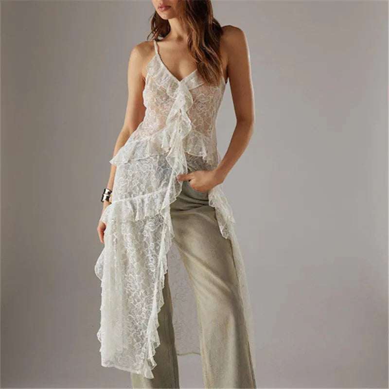 Women Split Front Sheer Flowy Long Cami Shirt Tank Top Sleeveless Spaghetti Strap Maxi Dress See Thru Beach Cover up