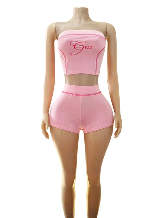 Letter Print Women 2 Piece Set Tracksuit Letter Print Strapless Tos+Shorts Matching Streetwear Skinny Stretch Outfits