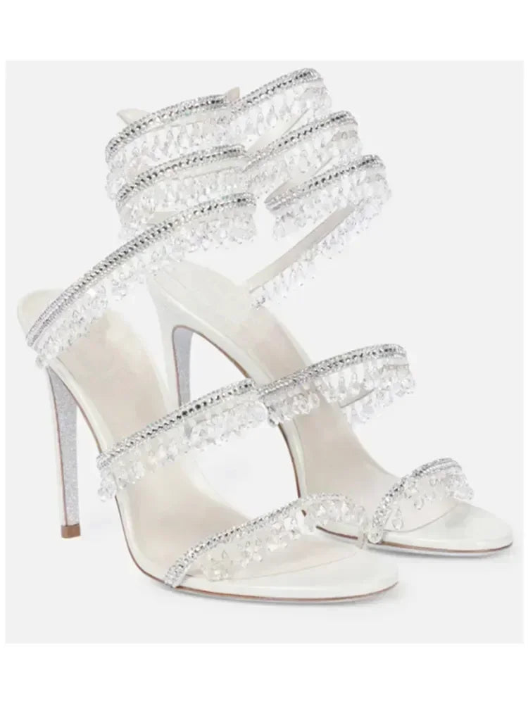 Women's New Water Diamond Sandals Fashion Tassel Crystal Shoes Sexy Banquet Party Twin Stiletto Women's Large Sandals