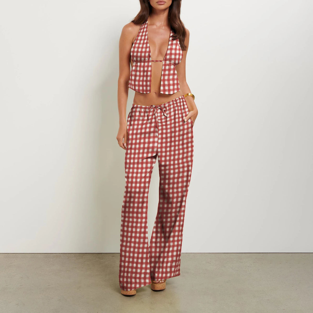 Women Summer Pants Outfits Stripe Tie-Up Halter Neck Backless Sleeveless Tank Tops Wide-Leg Pants 2 Pieces Clothes Set