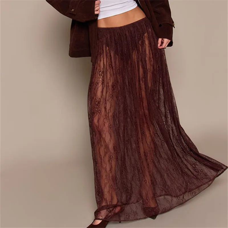 Summer Beachy Sheer Floral Lace Maxi Skirt Elastic Waist See-Through Mesh Long Skirt for Casual Vacation Wear