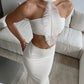 Elegant 2 Piece Set Women Trend Feather Patchwork Backless Halter Bandages Tank Top+Simple Skirts Fashion Party Suit