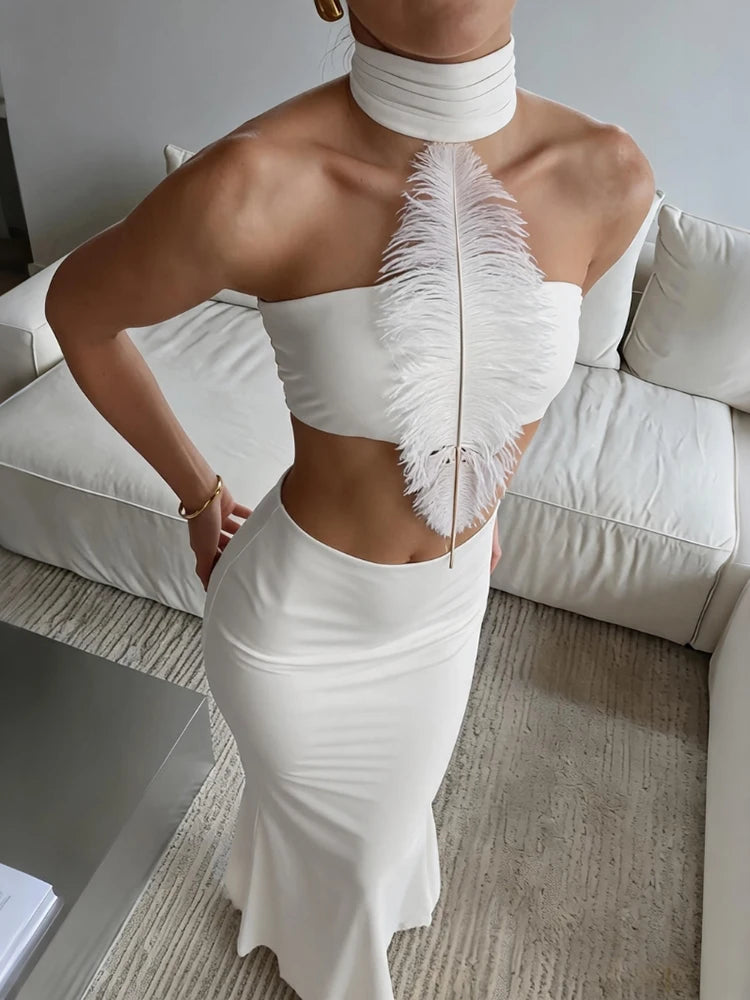 Elegant 2 Piece Set Women Trend Feather Patchwork Backless Halter Bandages Tank Top+Simple Skirts Fashion Party Suit