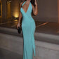 Summer Elegant Backless Dress Women Deep V Neck Metal Buckle Halter Ruched Ribbon Peach Buttocks Party Club Long Bodycon
