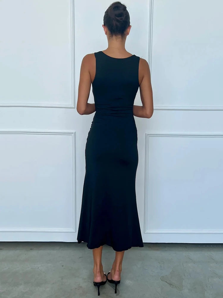 Elegant Deep V Neck Front Gold Clasp Sexy Maxi Dress For Women Black Gown Sleeveless Slim Fit Long Tank Dress Elegant