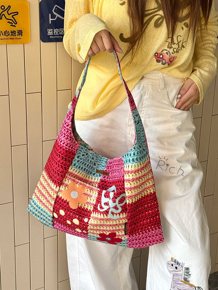 Colorful Crochet Tote Bag, Bohemian Floral Print Knit Shoulder Bag, Casual Summer Beach Bag for Women