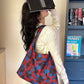 2025 Winter New Arrivals Casual Y2K Cartoon Rabbit Color Block Plaid Tote Bag For Woman