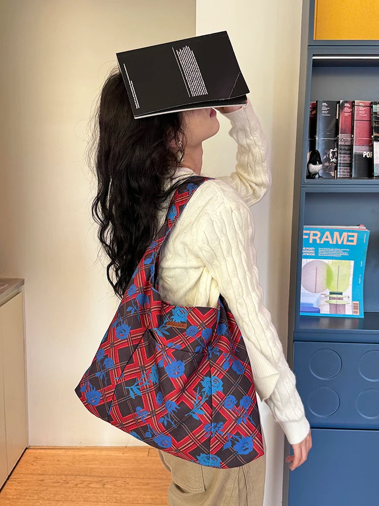2025 Winter New Arrivals Casual Y2K Cartoon Rabbit Color Block Plaid Tote Bag For Woman