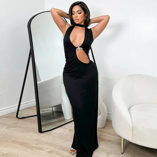 Hardwear Detail Hollow Deep V Sleeveless Long Dresses for Women Sexy Black Party Dress