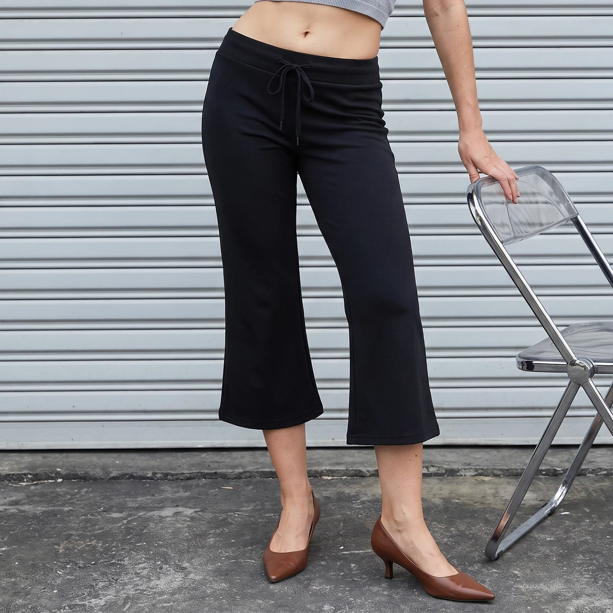 Women Y2K Low Waist Cropped Flare Pants Drawstring Elastic Waist Capri Bootcut Trousers Casual Streetwear Loungewear