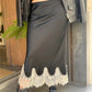 Women Elegant Lace Satin Spliced Midi Skirts Sexy Dots Print High Waist Retro Casual Straight Midi Skirts Y2K Streetwear