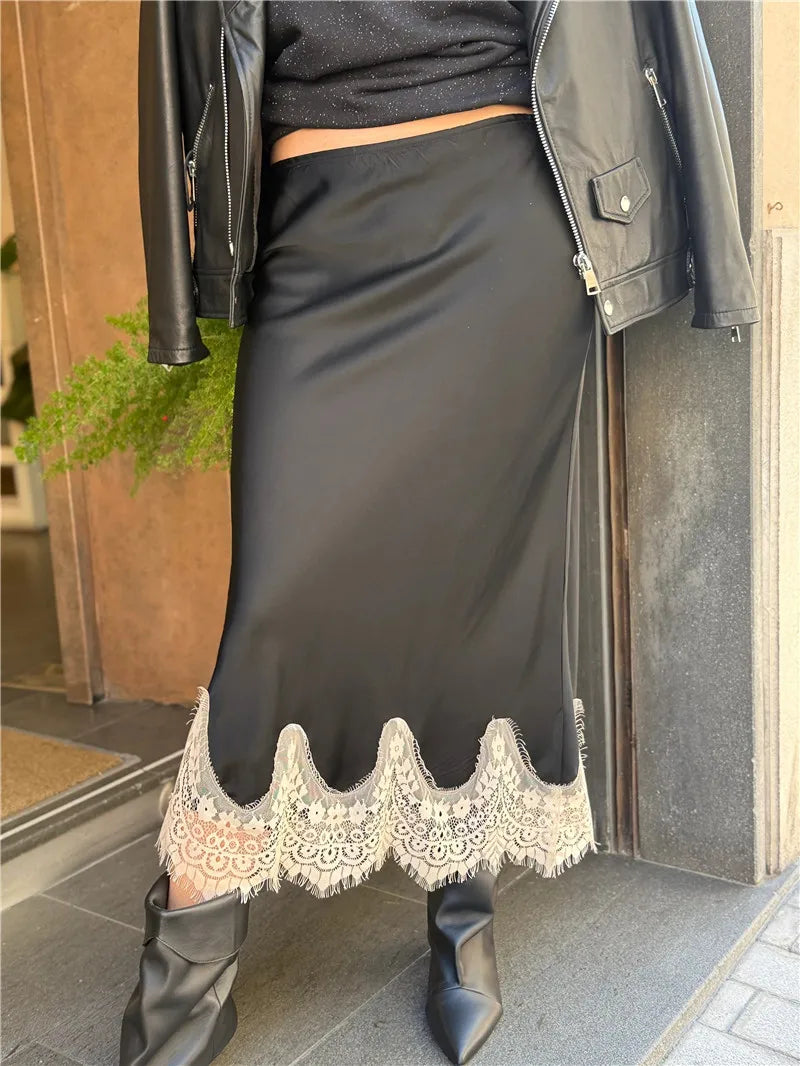 Women Elegant Lace Satin Spliced Midi Skirts Sexy Dots Print High Waist Retro Casual Straight Midi Skirts Y2K Streetwear