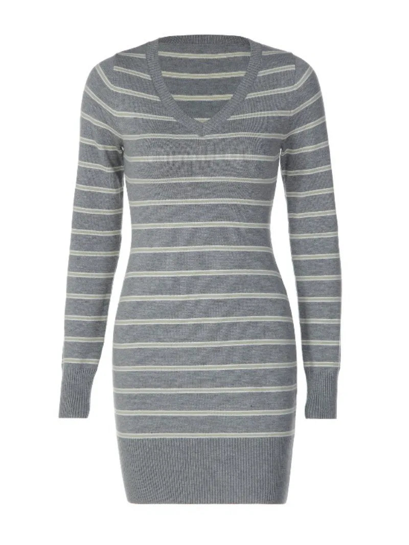 Grey Striped Sweater Dresses for Woman Elegant Fall Winter V Neck Long Sleeve Knit Mini Dress