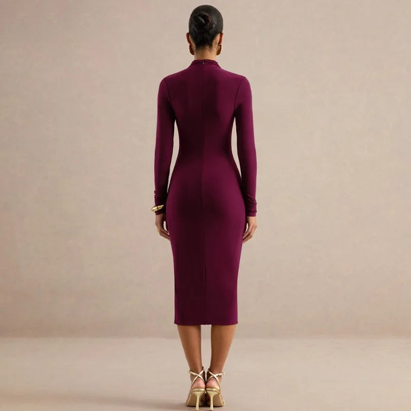 Long Sleeve Mock Neck Midi Dress Side Ruched High Split Fitted Elegant Autumn Dresses 2026