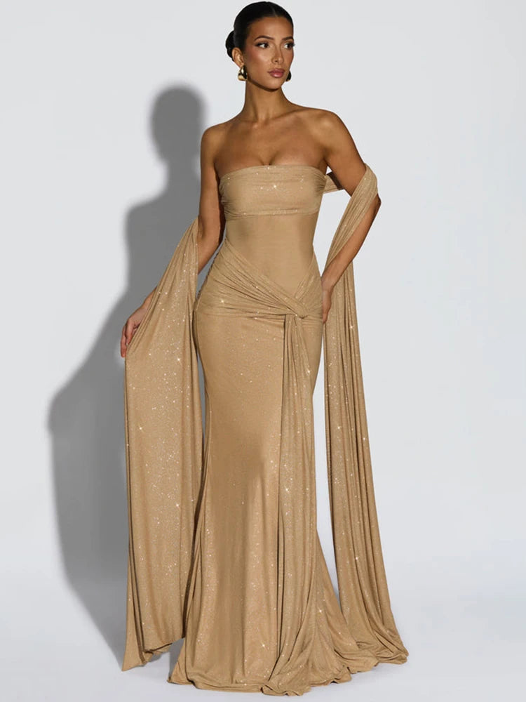 Sparkle Strapless Draped Sexy Maxi Dress Women Elegant Off-shoulder Sleeveless Backless Ruched Club Party Long Dress
