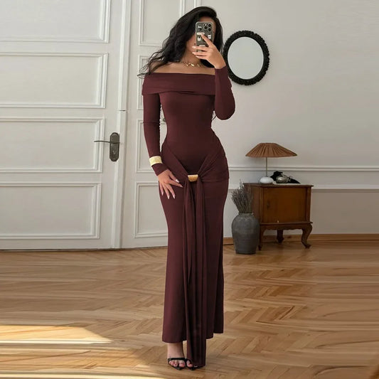 Off Shoulder Draped Long Sleeve Maxi Dress Brown Black Elegant Sexy Party Dresses 2025 Winter Clothes Woman