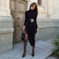Turtleneck Long Sleeve Midi Dress Asymmetric Hem Black Fall Winter Dresses for Woman Elegant