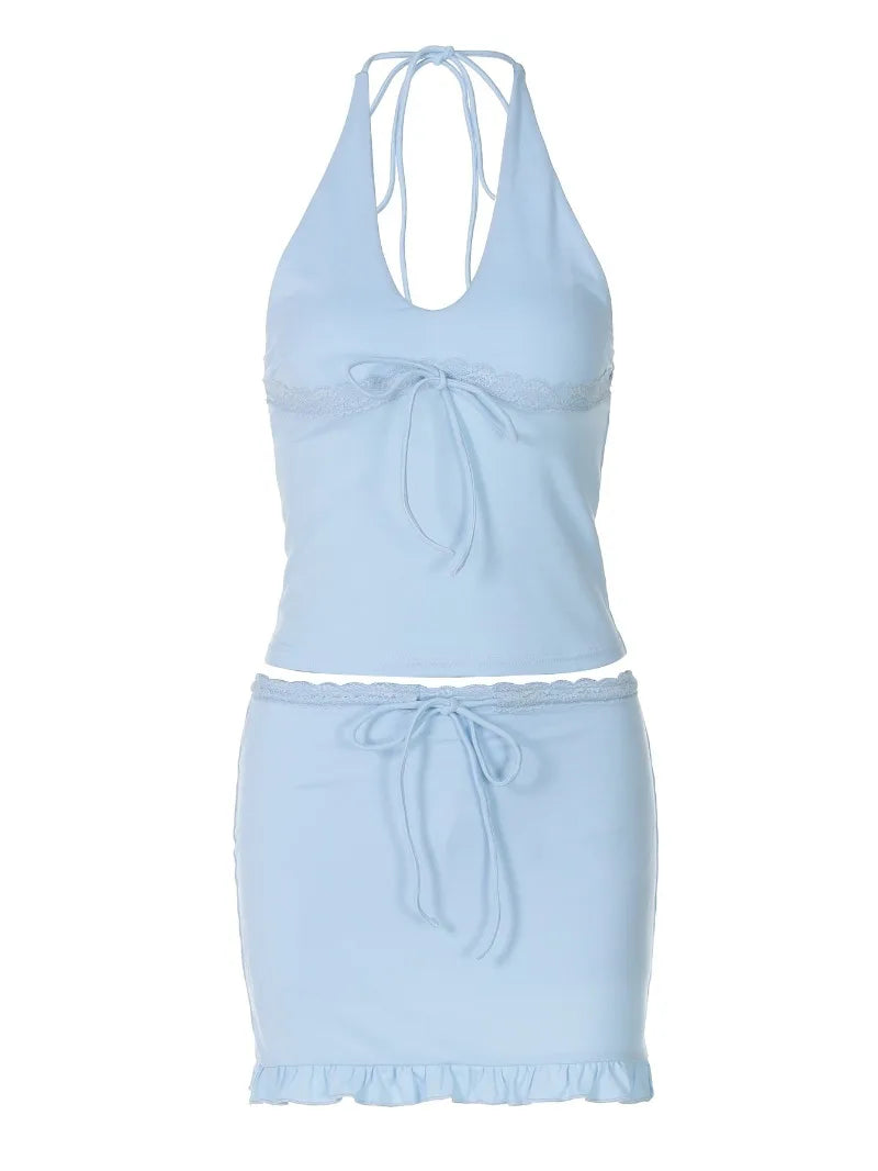 Y2k Summer Co Ord 2 Piece Set Lace Trim Halter Top and Mini Skirt with Shorts Underneath Cute Vacation Outfits