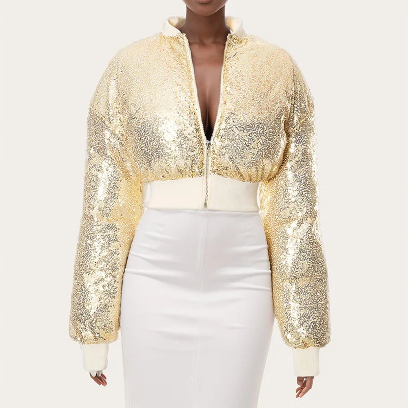 Sparkle Gold Sequins Puffer Jacket Womens Coats Winter Clothes Streetwear Fashion New in Outerwears