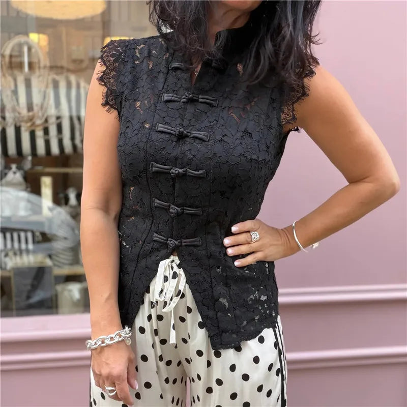 Lace Sleeveless Top Women Mandarin Collar Cap Sleeve Hollow Floral Lace Shirt Frog Buttons Slim Cropped Split Front Tops